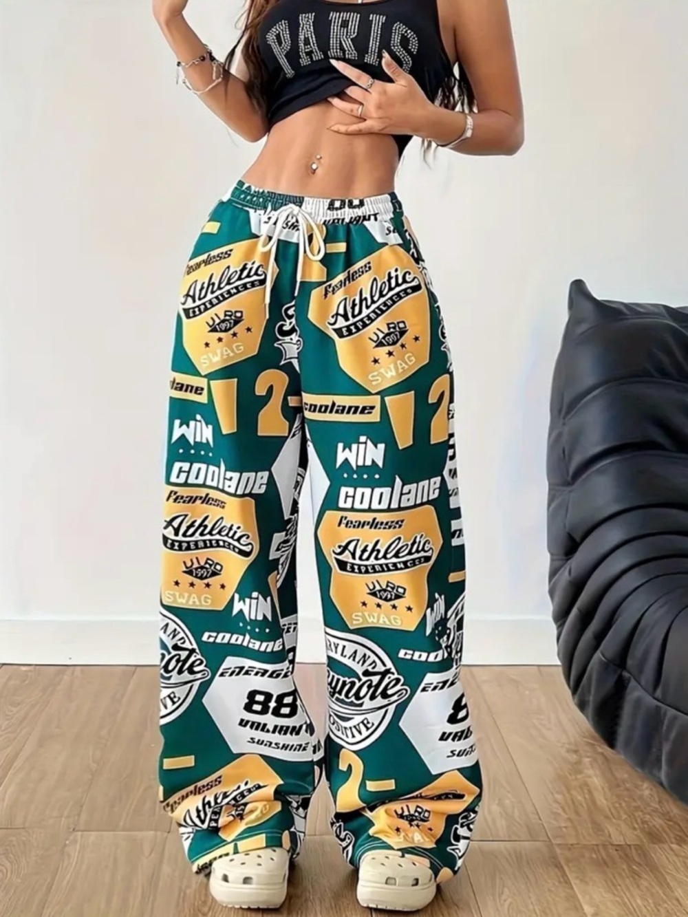 NWOT SHEIN Casual Street-Style English Text Print Pattern Wide Leg Pant Sz Med